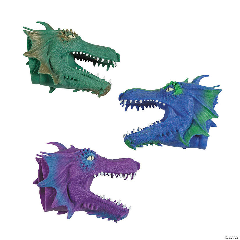 Per Dozen: 5" x 6 3/4" Green, Blue & Purple Dragon Rubber Hand Puppets - 12 Pc. | USA Decoration®