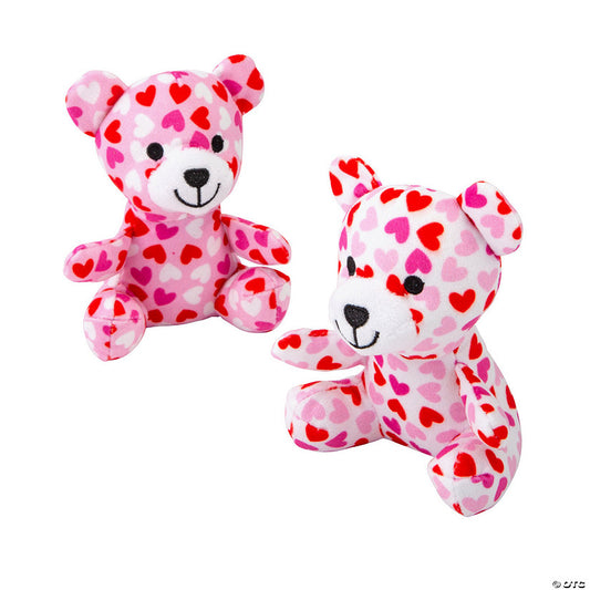 4 1/2" Valentine Pink & Red Heart Print Stuffed Bears - 12 Pc.