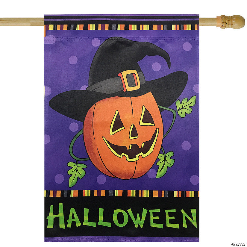 1 Piece(s): Happy Halloween Pumpkin in a Witch Hat Outdoor House Flag 28" x 40 | USA Decoration®