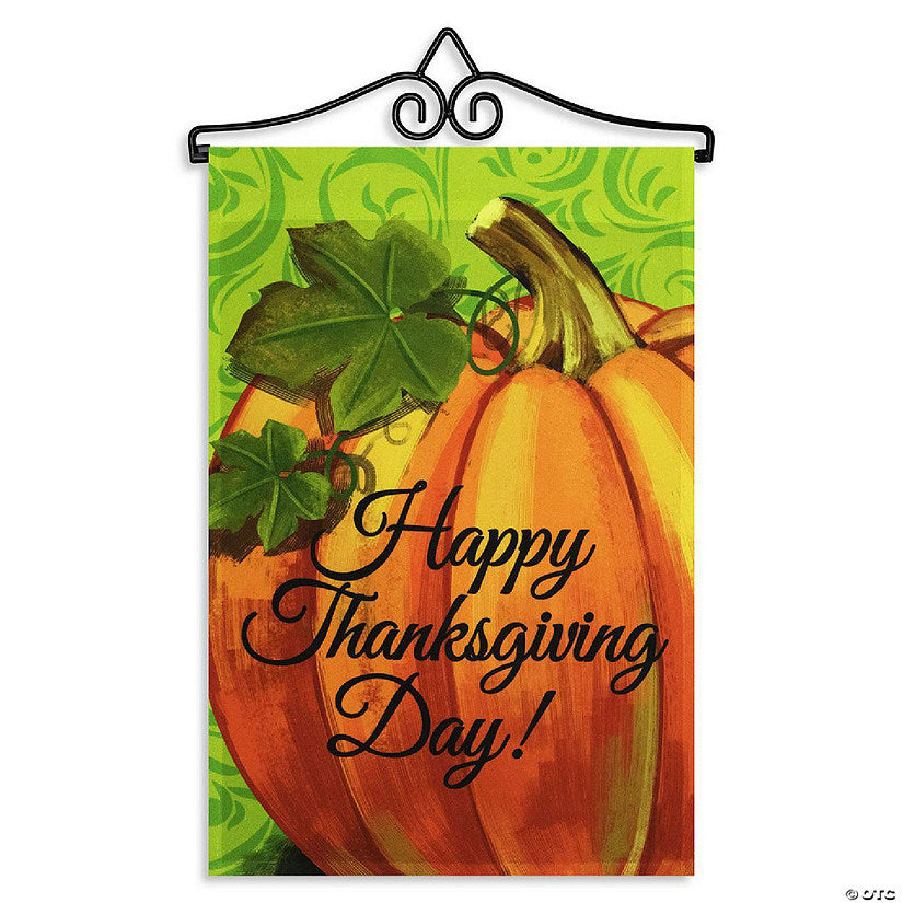 1 Set(s): G128 Combo Set: Garden Flag Hanger AND Garden Flag Happy Thanksgiving Pumpkin Green BG 12"x18 | USA Decoration®