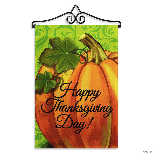 1 Set(s): G128 Combo Set: Garden Flag Hanger AND Garden Flag Happy Thanksgiving Pumpkin Green BG 12"x18 | USA Decoration®