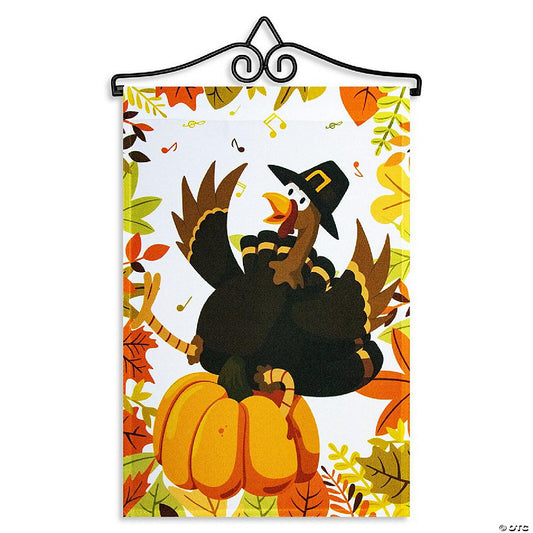 1 Set(s): G128 Combo Set: Garden Flag Hanger AND Garden Flag Pilgrim Turkey with Pumpkin 12"x18 | USA Decoration®