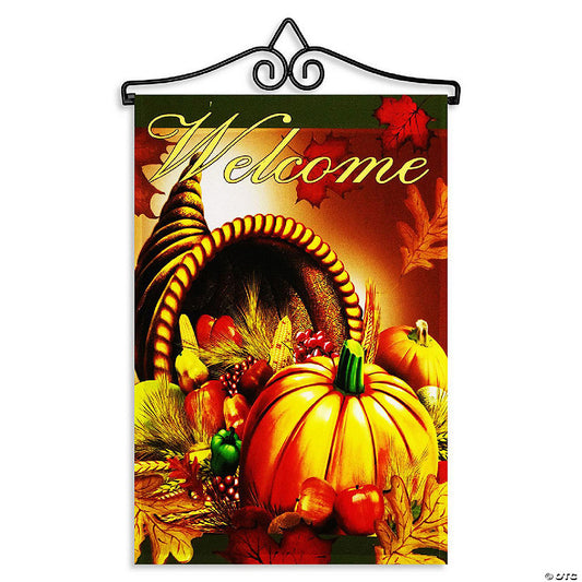 1 Set(s): G128 Combo Set: Garden Flag Hanger AND Garden Flag Welcome Cornucopia with Pumpkin 12"x18 | USA Decoration®