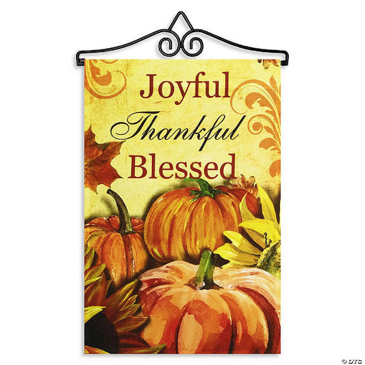 1 Set(s): G128 Combo Set: Garden Flag Hanger AND Garden Flag Joyful Thankful Blessed 3 Pumpkins 12"x18 | USA Decoration®