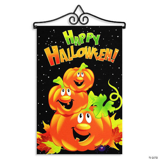 1 Set(s): G128 Combo Set: Garden Flag Hanger AND Garden Flag Happy Halloween 3 Pumpkins 12"x18 | USA Decoration®