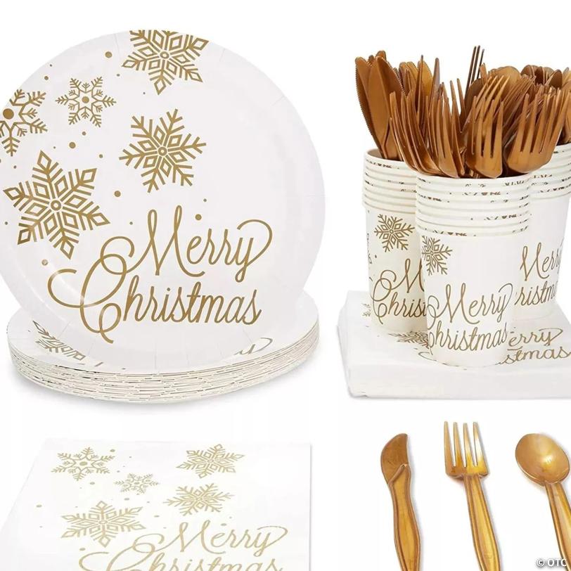144 Piece Merry Christmas Party Plates, Napkins, Cups, Cutlery, Serves 24 | USA Decoration®