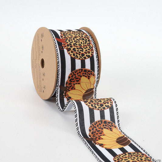 1 Piece(s): LaRibbons 2 1/2" Wired Ribbon - "Pumpkin Sunflower Striped" Black/Multi 10 Yard Roll | USA Decoration®