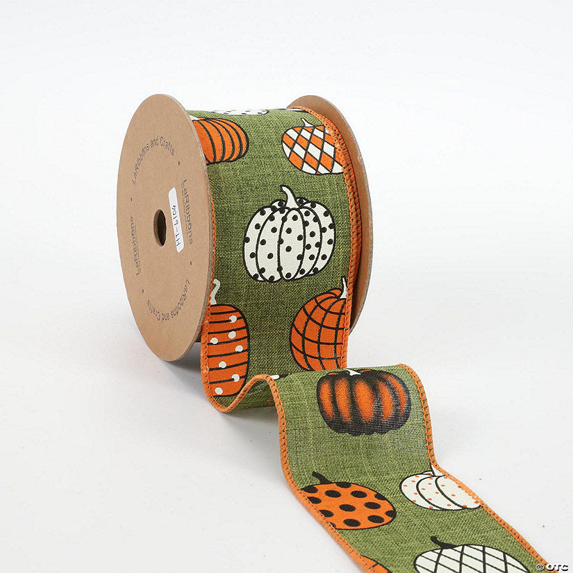 1 Piece(s): LaRibbons 2 1/2" Wired Ribbon - "Multi Pumpkin" Green/Multi - 10 Yard Roll | USA Decoration®