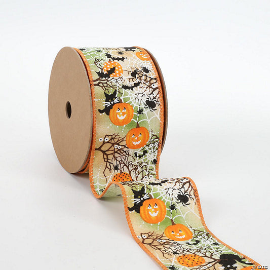 1 Piece(s): LaRibbons 2 1/2" Wired Ribbon - "Pumpkin Spiderweb" Orange/Multi - 10 Yard Roll | USA Decoration®