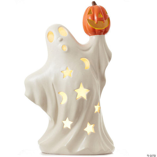 1 Piece(s): Casafield Pre-Lit Ceramic Halloween Ghost Holding Pumpkin Hand-Painted Tabletop Decor | USA Decoration®