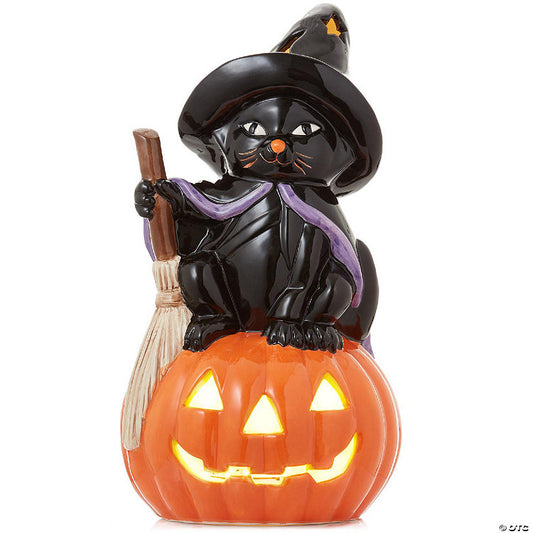 1 Piece(s): Casafield Pre-Lit Ceramic Halloween Black Cat on Pumpkin Hand-Painted Tabletop Decor | USA Decoration®