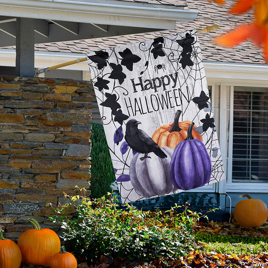 1 Piece(s): Pumpkins and Crow "Happy Halloween" Outdoor House Flag - 40" x 28 | USA Decoration®