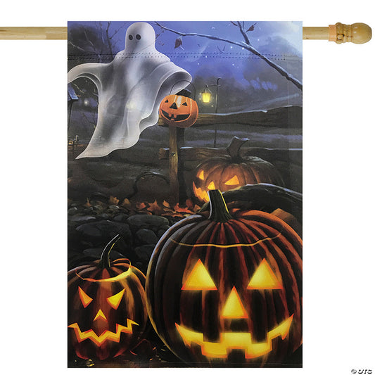 1 Piece(s): Pumpkins and Ghost Spooky Halloween Outdoor House Flag 28" x 40 | USA Decoration®