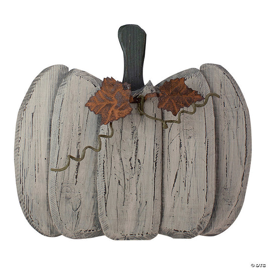 1 Piece(s): 15" Small White Wooden Fall Harvest Pumpkin with Leaves and Stem | USA Decoration®