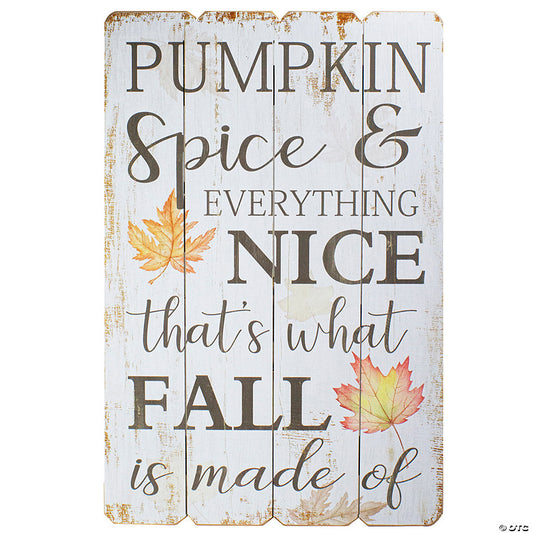 1 Piece(s): 23.5" White-Washed Pumpkin Spice Everything Nice Fall Wooden Hanging Wall Sign | USA Decoration®