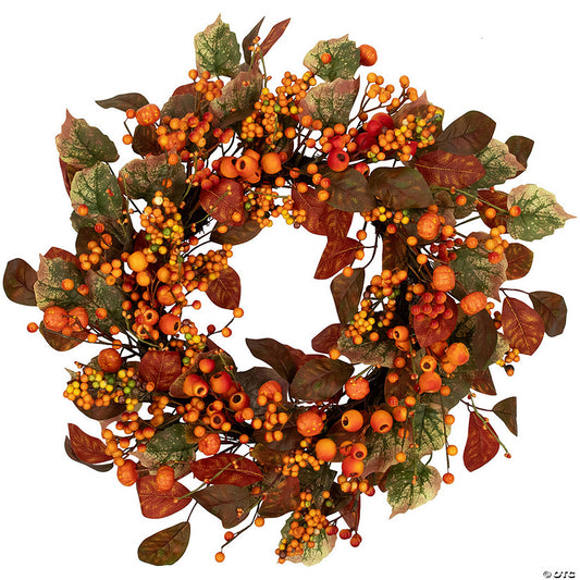 1 Piece(s): Berries and Pumpkins Artificial Fall Harvest Wreath - 24" - Orange and Green - Unlit | USA Decoration®