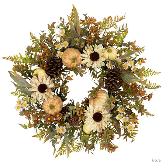 1 Piece(s): Sunflowers and Pumpkins Artificial Fall Harvest Wreath - 28" - Unlit | USA Decoration®
