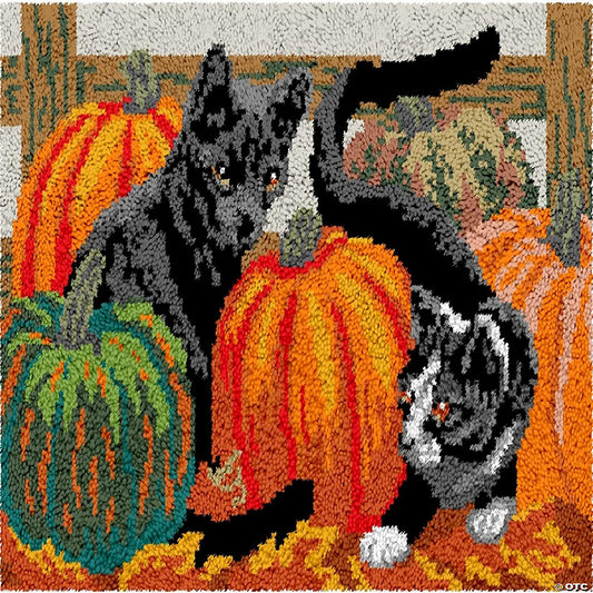 1 Piece(s): LovelyLust.com Cat in Pumpkin Patch Rug Making Latch Hooking Kit (87x61cm Printed canvas) | USA Decoration®