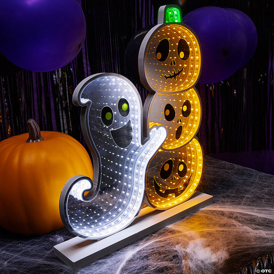 1 Piece(s): 15 1/4" Halloween Happy Ghost & Jack-O'-Lantern Plastic Infinity Light | USA Decoration®