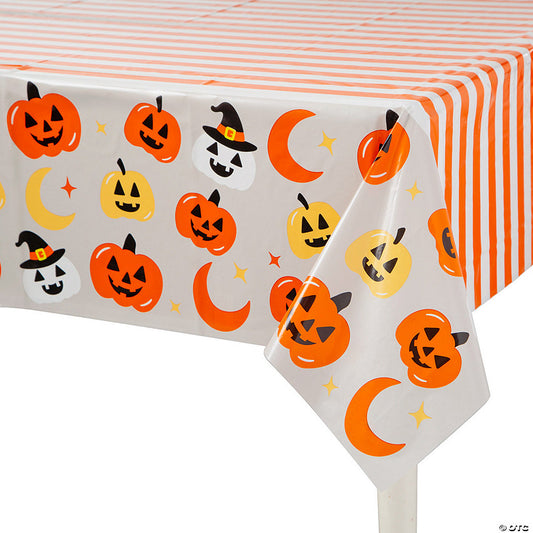 54" x 108" Jack-O'-Lantern & Orange Stripes Rectangle Disposable Plastic Tablecloth | USA Decoration®
