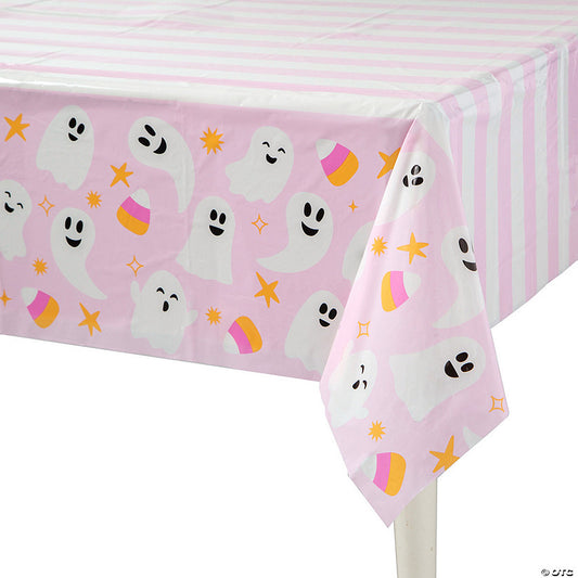 108" x 54" Pink Halloween Ghosts & Candy Corn Disposable Plastic Tablecloth | USA Decoration®