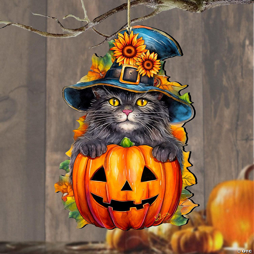 2 Set(s): Set of 2 - Black Cat Pumpkin Wooden Christmas Ornaments by G. Debrekht | USA Decoration®