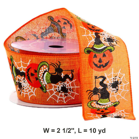 1 Piece(s): 2.5 x 10 Glitter Jack-O-Lantern & Spider Web Linen Ribbon for Fall Decor | USA Decoration®