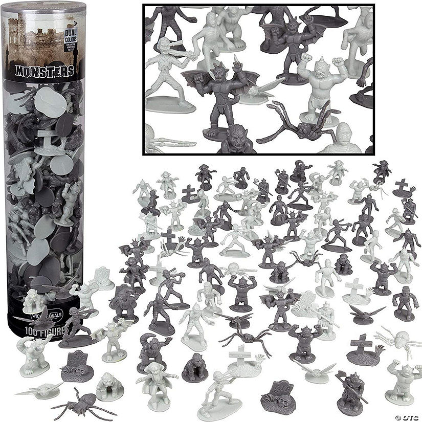 Monster Mini Action Figure Playset- 100 Horror Toy Miniatures w 13 Unique Sculpts - Dracula, Frankenstein, Giant Spiders and More- XL 1/32nd Scale Halloween Cha | USA Decoration®
