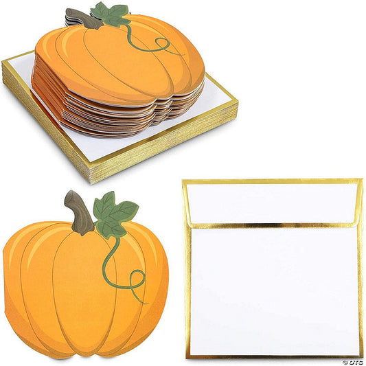 24 Piece(s): 24-Pack Pumpkin Shaped Notecards and Gold Foil Envelopes for Thanksgiving (4.75 x 4.75) | USA Decoration®