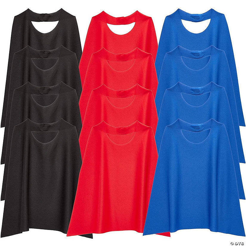 12-Pack Action Hero Dress Up Capes for Kids Halloween Party Costumes Supplies - Black, Red, Blue