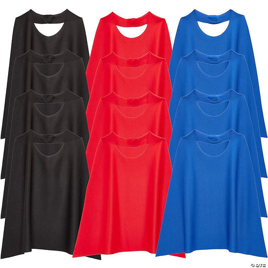 12-Pack Action Hero Dress Up Capes for Kids Halloween Party Costumes Supplies - Black, Red, Blue
