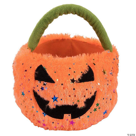 1 Piece(s): Plush Jack-O-Lantern Trick or Treat Basket for Halloween, Pumpkin Bucket for Candy, Orange, 8 x 8 In | USA Decoration®