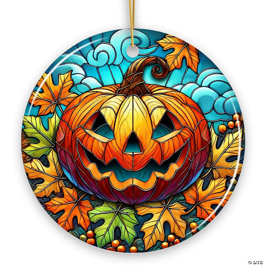 1 Piece(s): Pumpkin Spice and Crispy Leaves Stained Glass Style Ceramic Ornament, Halloween Themed Christmas Gift and Decor, OrnamentallyYou | USA Decoration®
