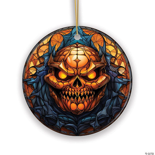 1 Piece(s): Pumpkin Skull with Glowing Red Eyes Stained Glass Style Ceramic Ornament, Halloween Themed Christmas Gift and Decor, OrnamentallyYou | USA Decoration®