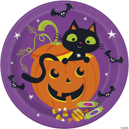 8 Count: Halloween Cat & Pumpkin Round 9" Dinner Plates - 8ct | USA Decoration®