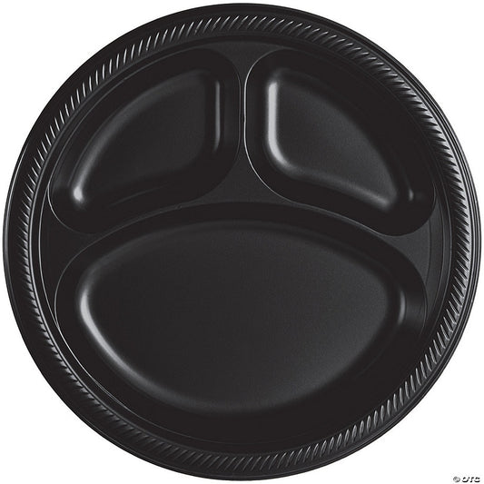 10" Black Disposable Three-Section Round Plastic Dinner Plates - 20 Ct. | USA Decoration®