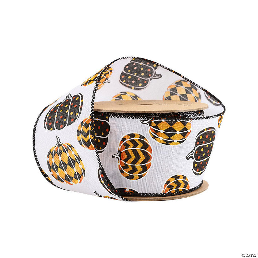 1 Piece(s): LaRibbons 2 1/2" Wired Ribbon - Black/Orange Pumpkin on White - 10 Yard Roll | USA Decoration®