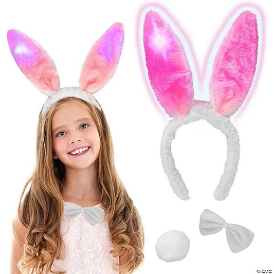 1 Count: Easter Bunny Ears 3 Piece Halloween Costume Set - Includes Blinking LED Ears, Bowtie, Tail Outfit for Women, Men, Kids - One Size Fits All Headband | USA Decoration®