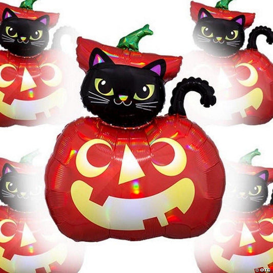 5 Piece(s): Edge Collections - 28" - Red - Holographic CAT in Pumpkin Balloon | USA Decoration®