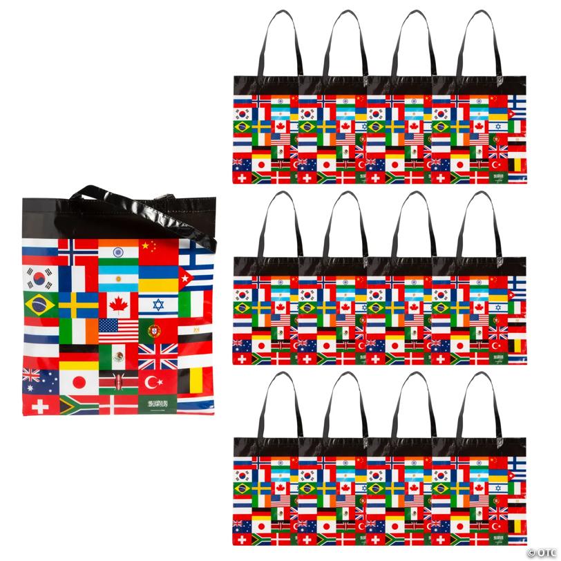 14 1/2" x 17" Large Nonwoven Flags of All Nations Tote Bags - 12 Pc.