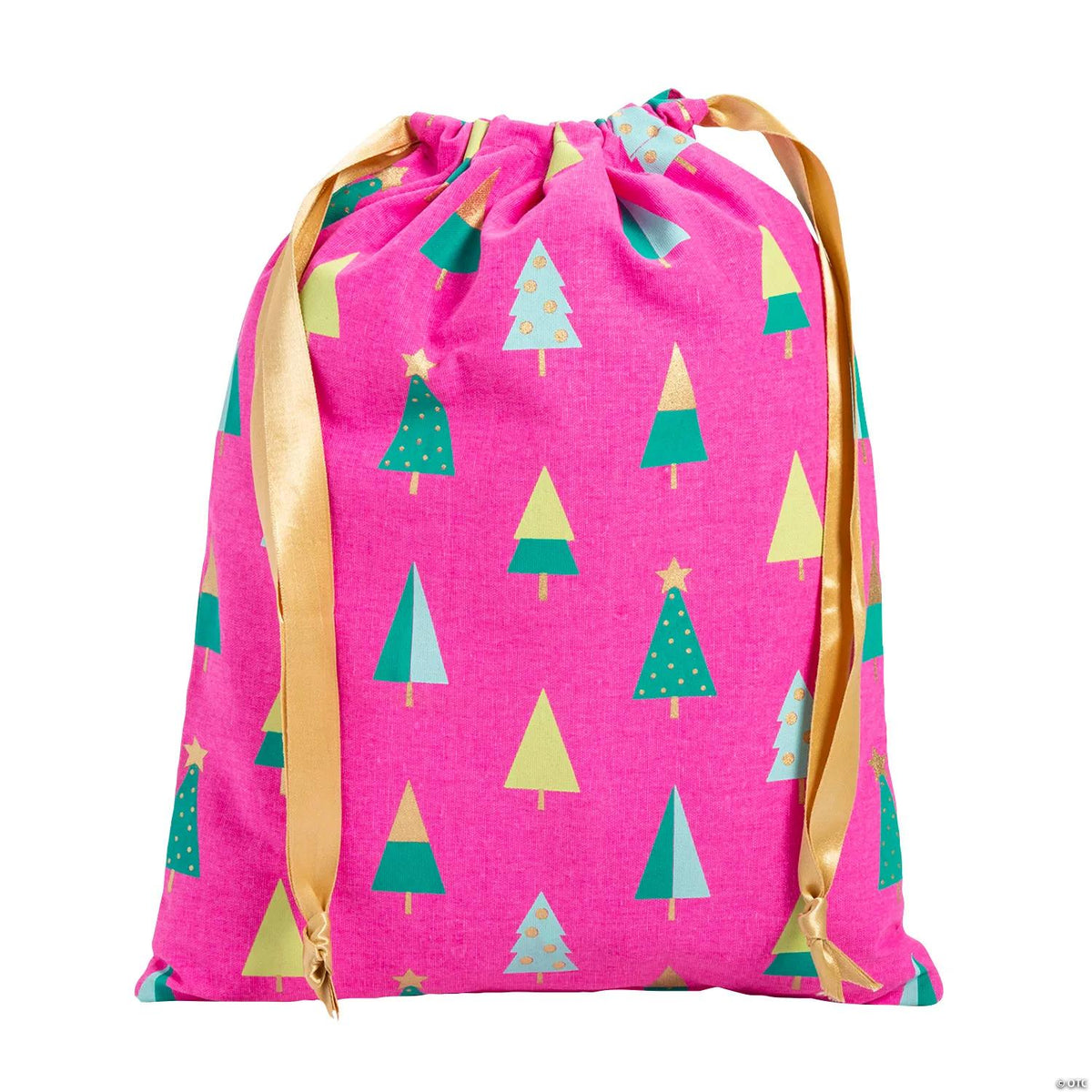 Medium pink Fa La La Christmas trees canvas drawstring bag