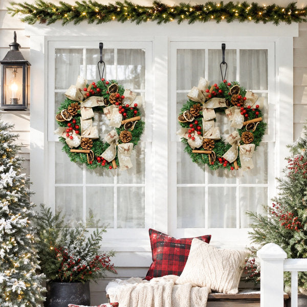 15.74 Inch Artificial Christmas Wreath with Burlap Bows, Pinecones, Red Berries, Dried Orange Slices and Cinnamon Sticks for Front Door Holiday Decor