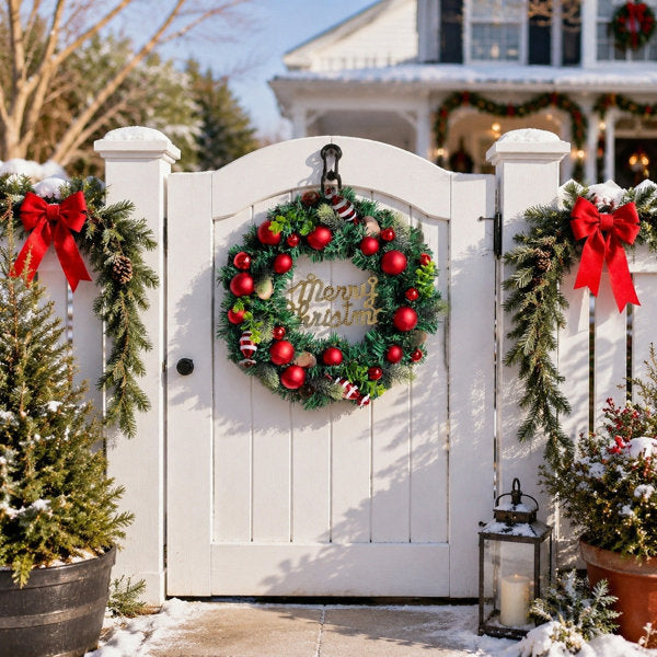 15.7 Inch Artificial Christmas Wreath with Red Baubles, Candy Ornaments, Succulent Foliage and Glitter "Merry Christmas" Sign for Front Door Holiday Decor