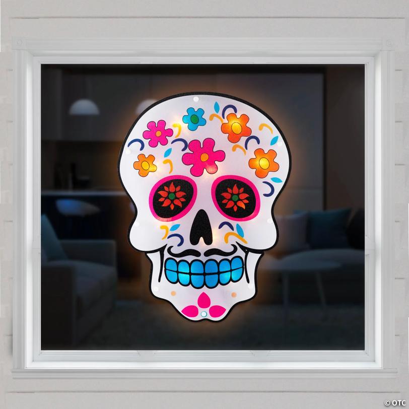 15" Lighted Day of the Dead Sugar Skull Halloween Window Silhouette Decor