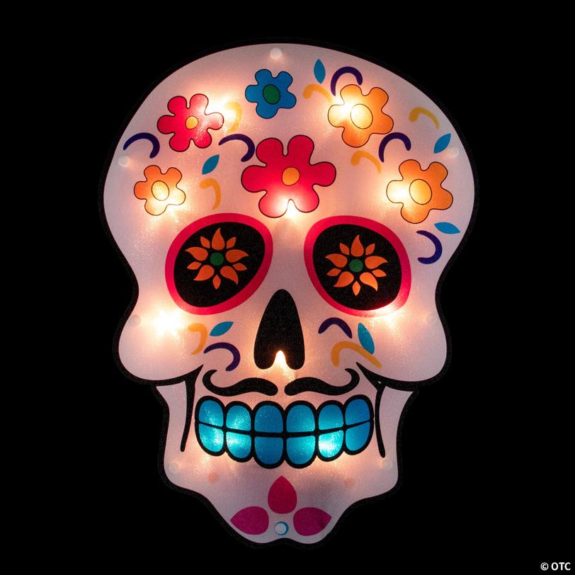 15" Lighted Day of the Dead Sugar Skull Halloween Window Silhouette Decor