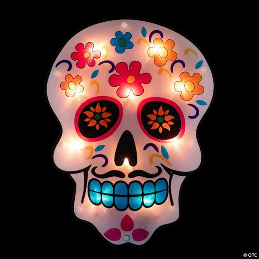 15" Lighted Day of the Dead Sugar Skull Halloween Window Silhouette Decor