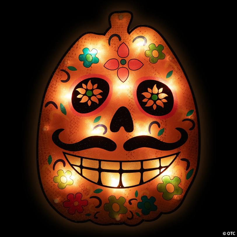 15" Lighted Sugar Skull Pumpkin Halloween Window Silhouette