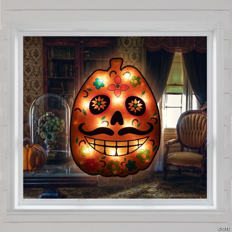 15" Lighted Sugar Skull Pumpkin Halloween Window Silhouette