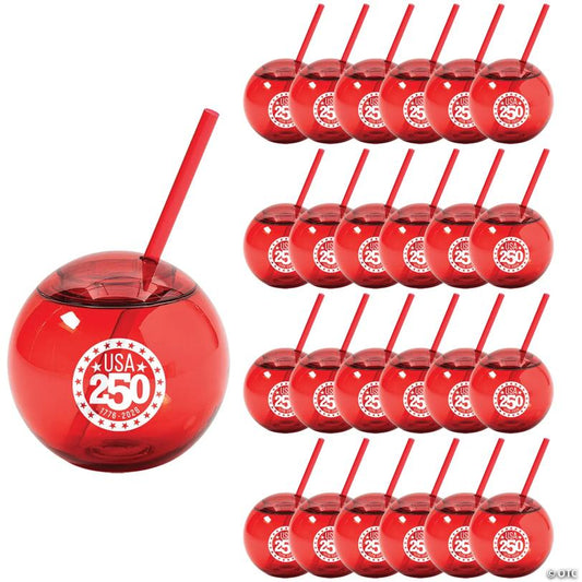 15 oz. Red USA 250 Patriotic Reusable Plastic Cups with Straws - 25 Ct.
