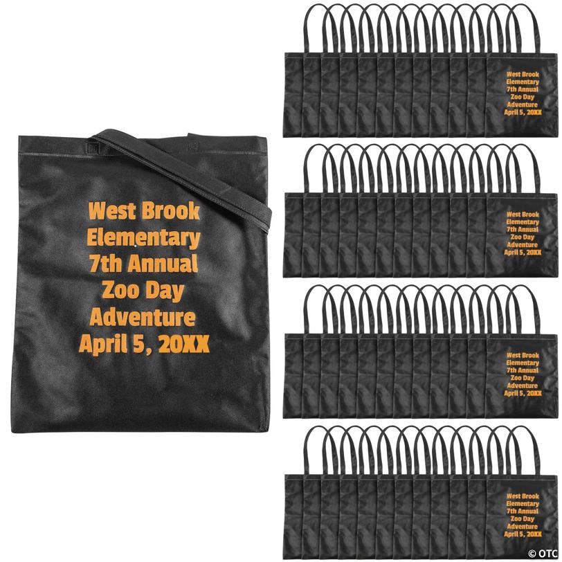 15" x 17" Bulk 48 Pc. Personalized Large Black Nonwoven Tote Bags with Text Color Choice